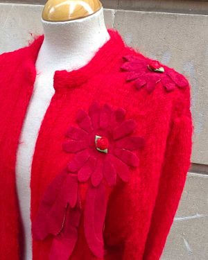 Chaqueta Punto Parches Amparo Diez 1980s Red Knit Flower Patches Jacket